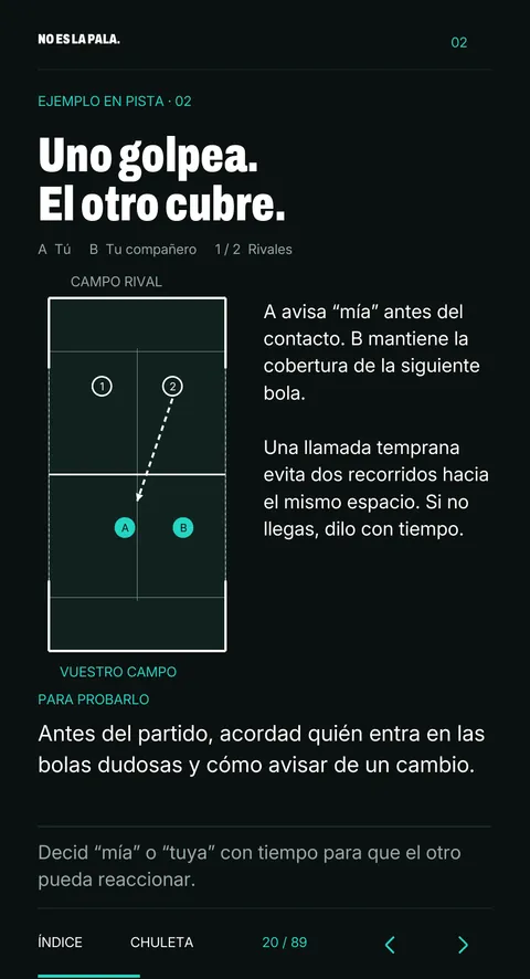 Página 20 de la guía: «Uno golpea. El otro cubre.», con el dibujo de la pista y la explicación